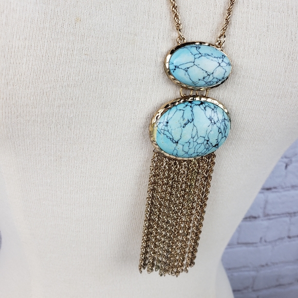 Faux Turquoise Pendant Rope Chain Fringe Long Statement Necklace Boho Vintage - Picture 4 of 9